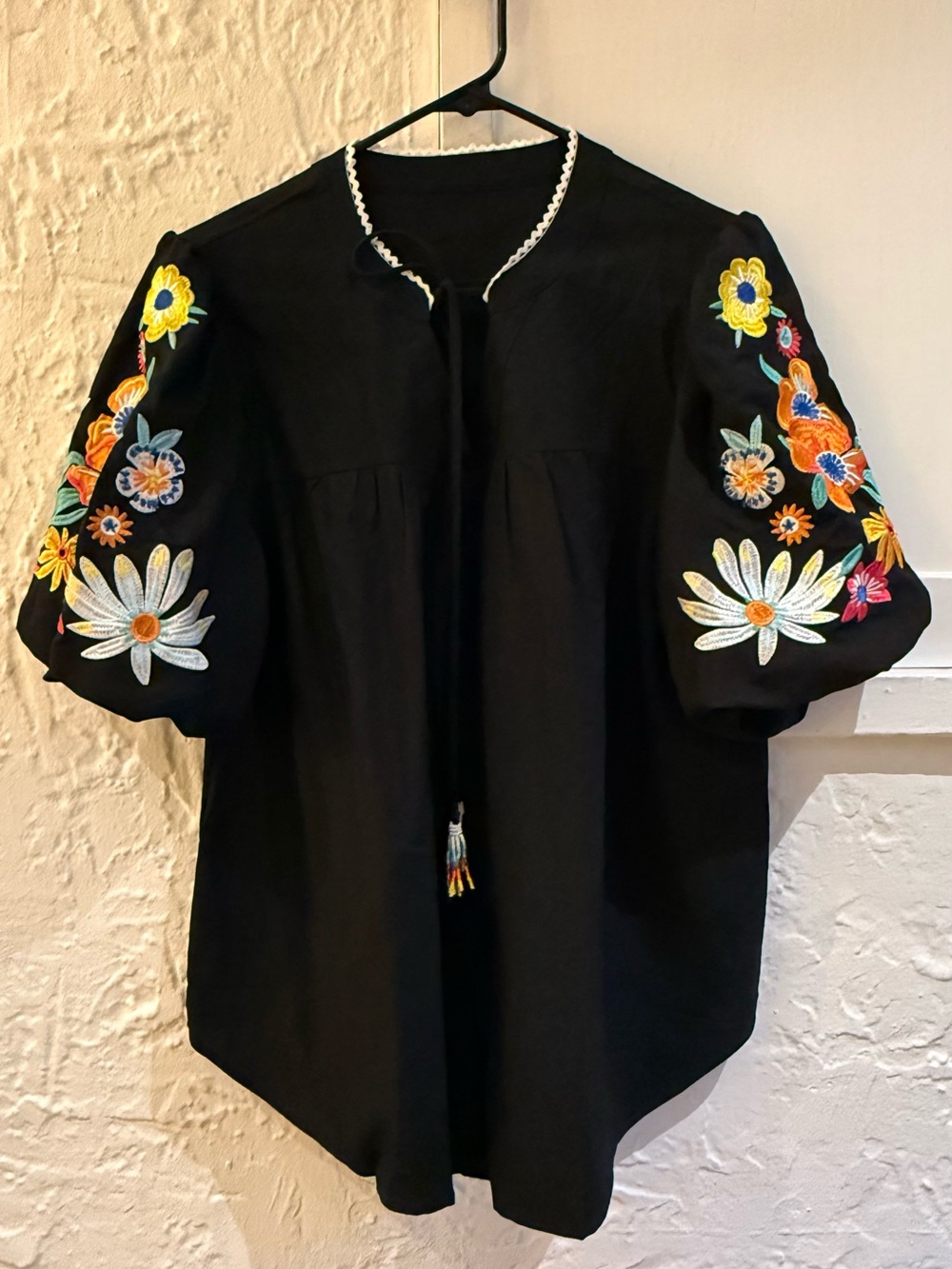 Black Embroidered Puff-Sleeve Peasant Top